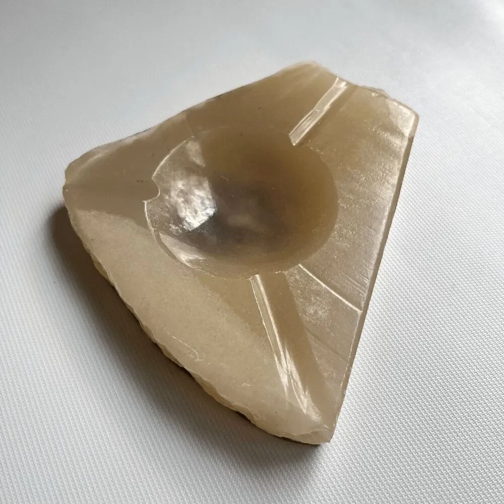 Vintage Natural Edge Carved Onyx Dish / Ashtray with Suede Backing